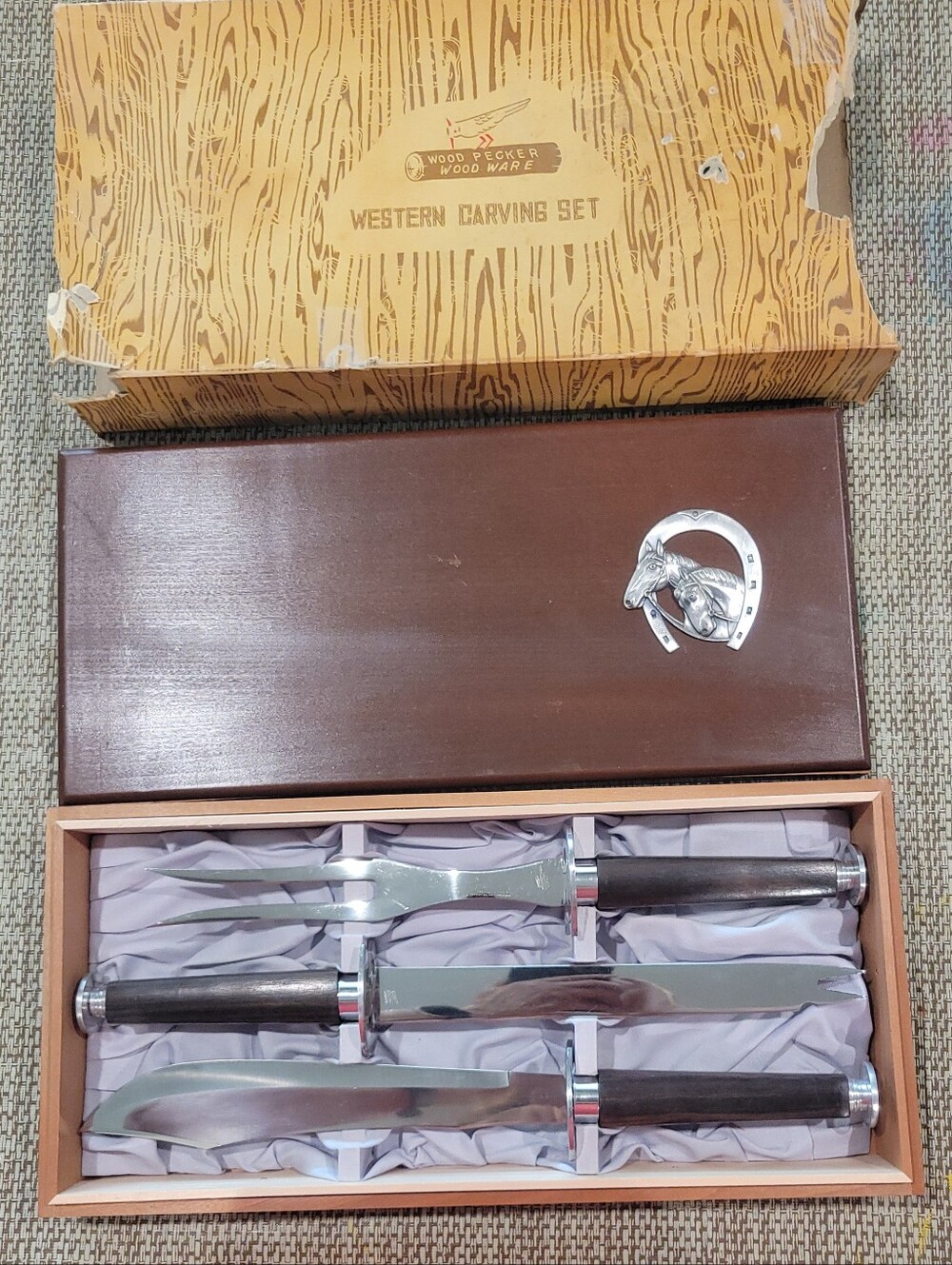 Vintagw Westwrn Carving Set By Wood Pecker Wood Ware